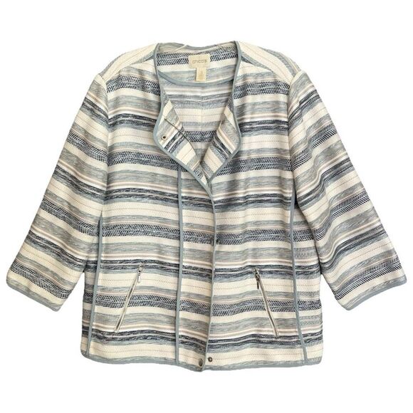 Chico's Striped Moto Jacket Womens XL 3 Tapestry Textured Zip Jacket Blue Silver - Picture 14 of 14
